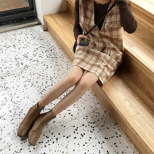 【M SELECT】韓 女款 復古格子 背心裙 V領寬鬆 中長款連衣裙