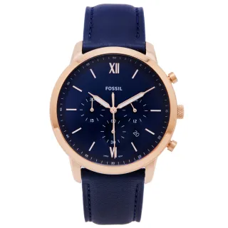 【FOSSIL】文青款風格三眼計時皮帶手錶-藍色面X藍色/44mm(FS5454)