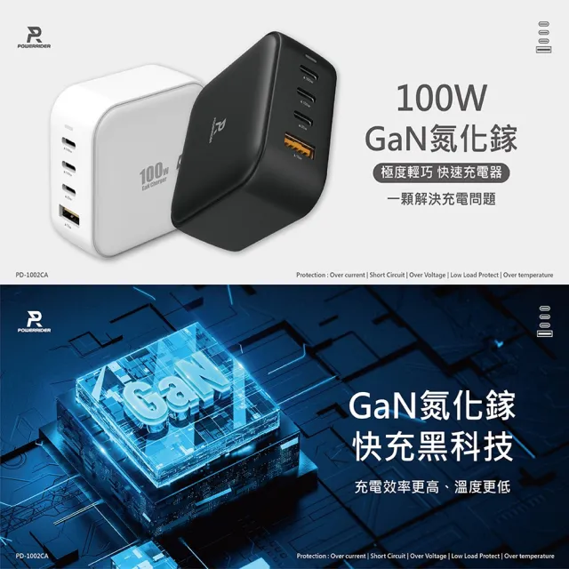 【Power Rider】100W GaN氮化鎵 4孔 PD-1002CA折疊快速充電器(黑色/白色)