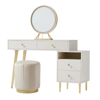 【hoi! 好好生活】林氏木業時尚輕奢LED附鏡可伸縮0.8M化妝桌組JF2C-A 白色+金色+妝凳