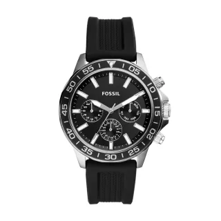 【FOSSIL 官方旗艦館】Bannon 三眼計時潛水造型指針手錶 黑色矽膠錶帶 45MM BQ2494