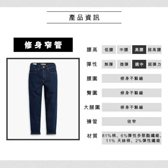 【LEVIS 官方旗艦】女款 高腰修身窄管牛仔長褲/深藍染水洗/義大利Candiani頂級赤耳/及踝款/天絲棉 人氣新品