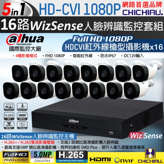 CHICHIAU Dahua大華 H.265 5MP 16路CVI 1080P數位遠端監控套組(含200萬紅外線槍機型攝影機x16)