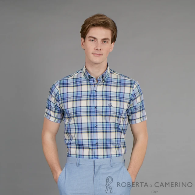【ROBERTA 諾貝達】台灣製 進口素材 腰身嚴選 休閒逸致格紋短袖襯衫(藍色)