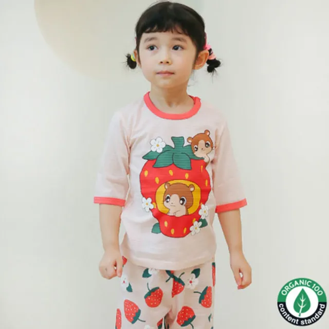 【Puco】正韓超優質嬰幼兒/兒童七分袖100% 有機純棉家居服/睡衣/家居套裝組_草莓倉鼠(PC21-014)