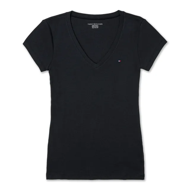 【Tommy Hilfiger】TOMMY 經典V領刺繡小LOGO素面短袖T恤-女-黑色(平輸品/短T)