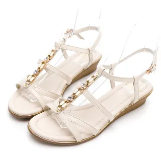 【GDC】真皮幻彩寶石水鑽編織羅馬風楔型涼鞋-米色(113401-10)