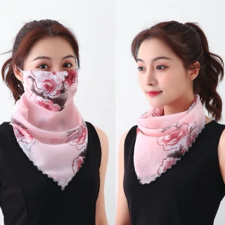 【89 zone】法式雪紡透氣輕薄花朵 防曬 護頸 面罩 口罩(粉色大花)
