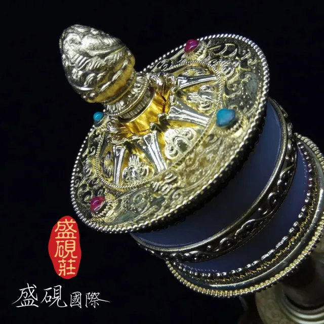 【盛硯莊佛教文物】銅精製手工轉經輪(金色白透)