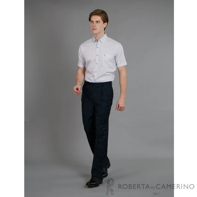 【ROBERTA 諾貝達】台灣製 進口素材 腰身嚴選 修身條紋短袖襯衫(藍色)
