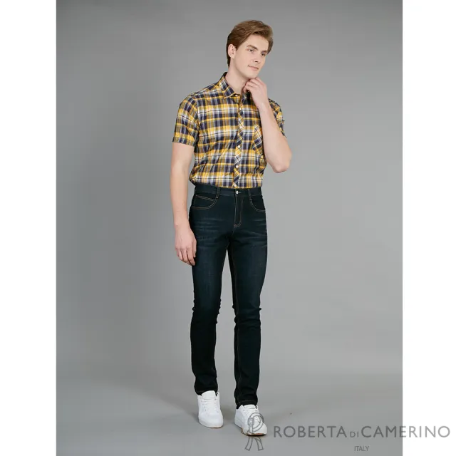 【ROBERTA 諾貝達】台灣製 進口素材 潮流格紋 帥氣合身純棉短袖襯衫(黃色)