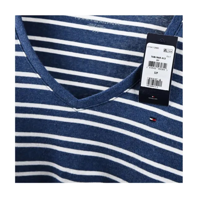 【TOMMY HILFIGER】經典刺繡標誌V領條紋長袖T恤(藍)
