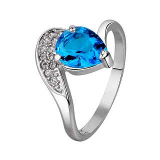 【Aphrodite 愛芙晶鑽】水滴藍寶石造型鑲鑽戒指(白金色)