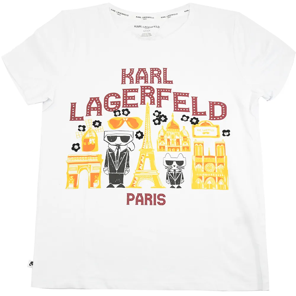 【KARL LAGERFELD 卡爾】老佛爺 墨鏡公仔貓咪巴黎素雅個性棉短T(白)