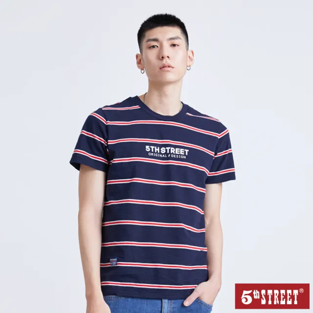 【5th STREET】中性 短袖 短t 上衣 t恤 TEE logo 條紋 棉質 藍色(570863)