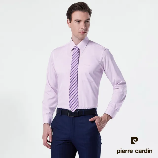 【pierre cardin 皮爾卡登】男襯衫 吸濕排汗免燙抗皺清爽觸感素色暗紋長袖襯衫_粉色(71751-71)