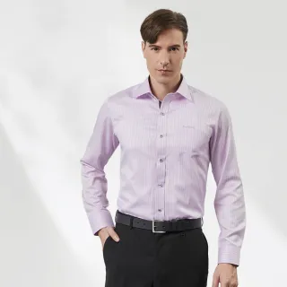 【pierre cardin 皮爾卡登】男襯衫 身版吸濕排汗舒適涼爽條紋長袖襯衫_粉紫條(52858-22)