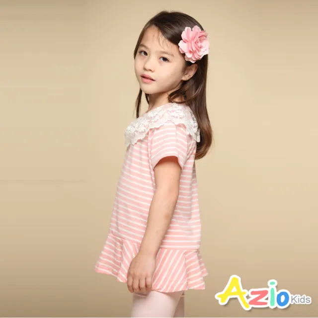 【Azio Kids 美國派】女童 上衣 領口蕾絲刺繡橫條紋短袖上衣(粉)