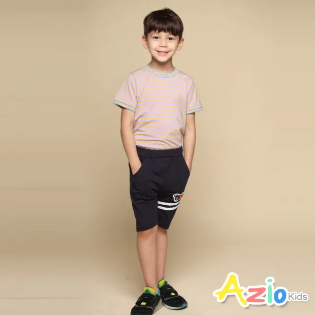 【Azio Kids 美國派】男童  短褲 跑車貼布棉質運動短褲(藍)