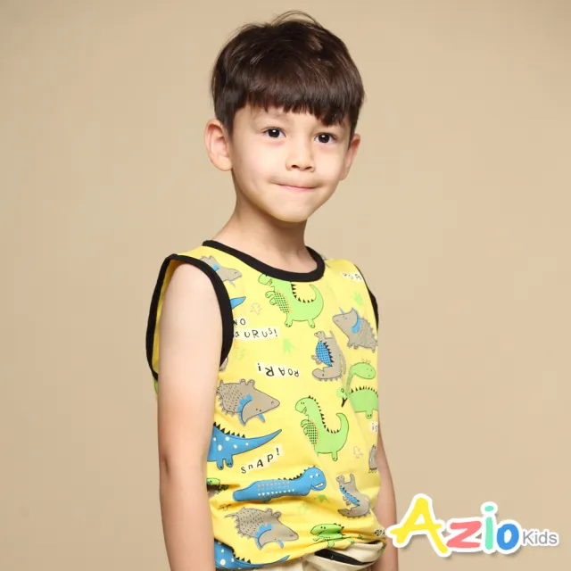 【Azio Kids 美國派】男童 上衣 滿版可愛恐龍印花配色包邊背心(黃)