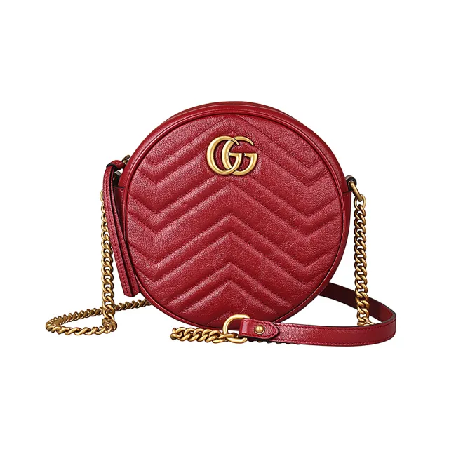 【GUCCI 古馳】GUCCI MARMONT金字LOGO愛心車線W字紋牛皮圓形拉鍊鏈帶斜背包(紅)