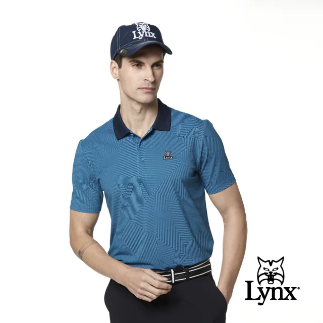 【Lynx Golf】korea 男款滿版幾何印花山貓繡花短袖POLO衫/高爾夫球衫(藍色)
