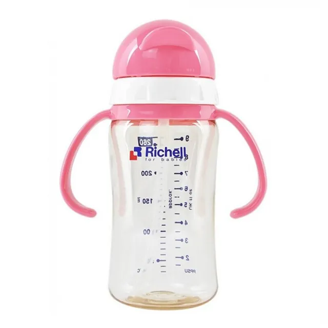 【Richell 利其爾】官方授權_ PPSU吸管哺乳瓶 260ML - 粉(也可當水杯使用)