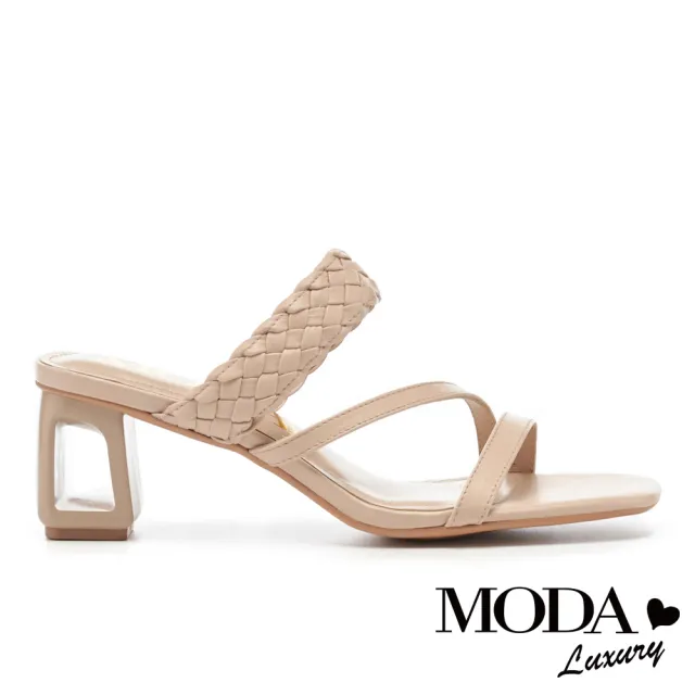 【MODA Luxury】簡約質感編織寬帶簍空造型高跟拖鞋(米)
