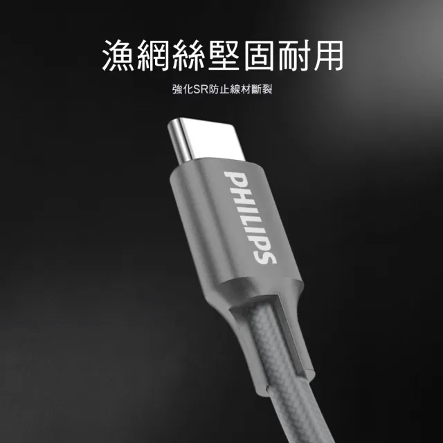 【Philips 飛利浦】Type C to Type C 200cm 手機充電線-灰(DLC4556C)