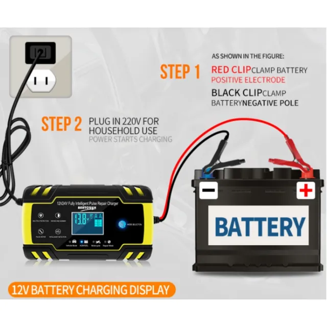 可修復 可充電12V 24V通用型機車電瓶 汽車電瓶 智能充電器(機車電瓶 汽車電瓶 智能充電器)