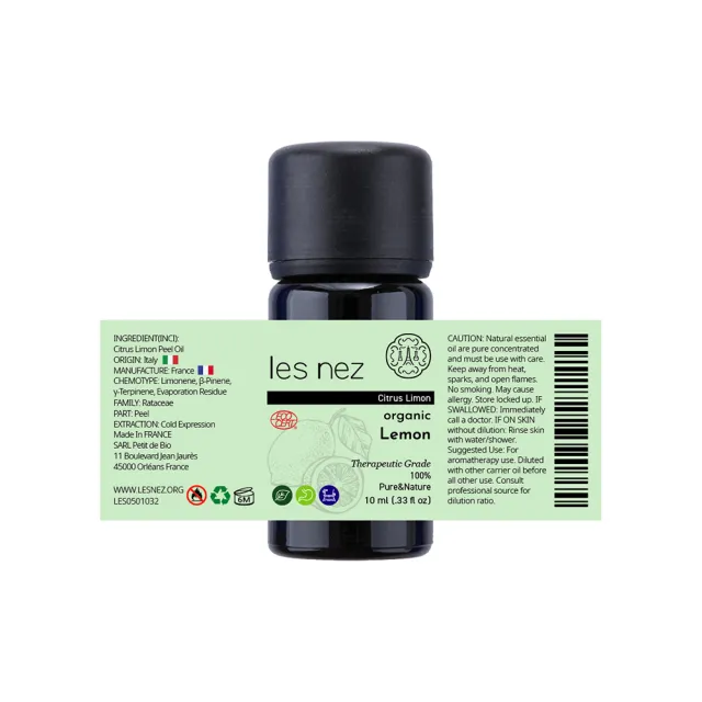 【Les nez 香鼻子】天然單方有機認證 檸檬純精油 10ML(天然芳療等級)