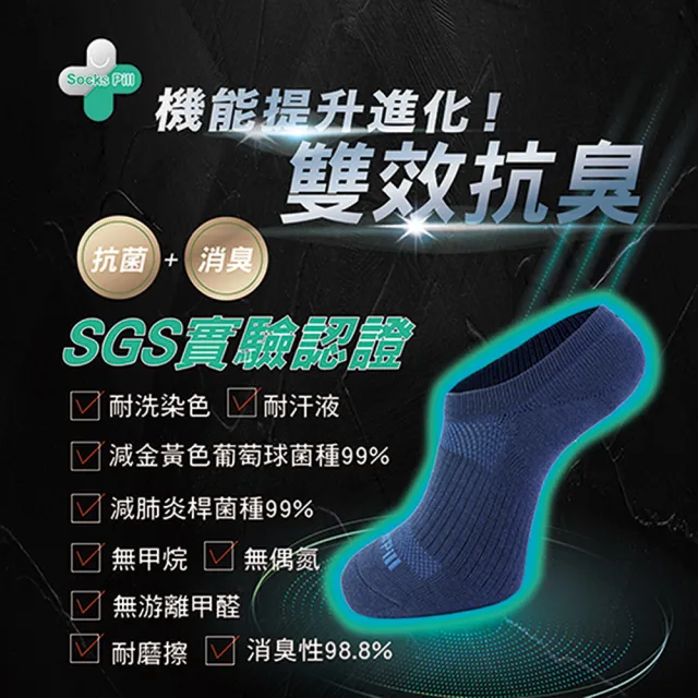 【AREXSPORT】SocksPill除臭機能抑菌科技輕壓氣墊運動船襪(台灣製造 抑菌纖維99% SGS安心檢測)