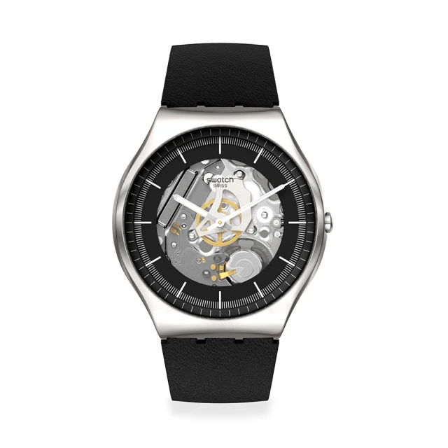 【SWATCH】Skin Irony 超薄金屬系列 BLACK SKELETON 終極探長 金屬錶 男錶 女錶 手錶 瑞士錶 錶(42mm)