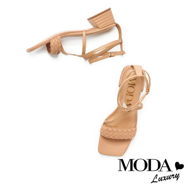 【MODA Luxury】迷人氣質一字編織交叉繫帶方頭粗跟涼鞋(咖)