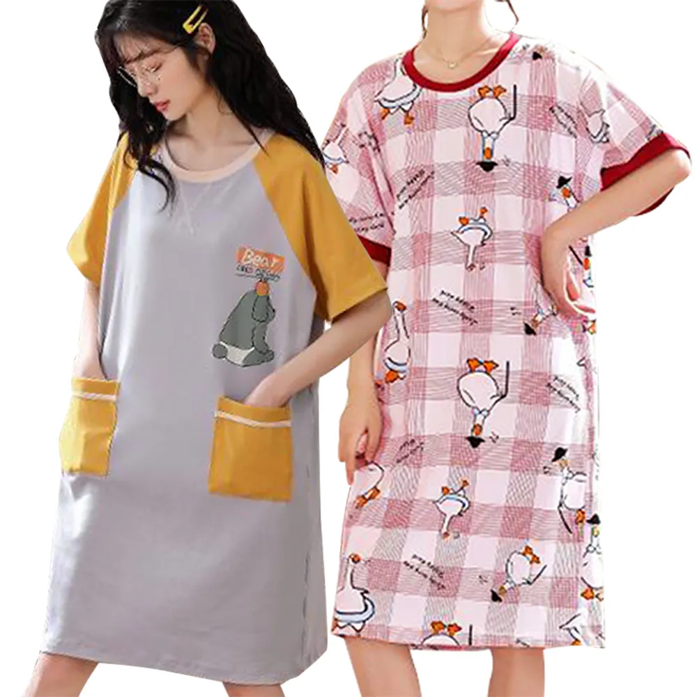 【WINCEYS】休閒印花大尺碼棉質連身睡衣裙(13款)