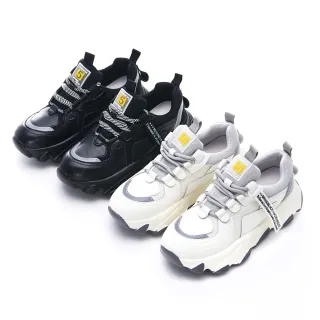 【Momix】韓國空運-正韓製-牛皮網布撞色厚底運動老爹鞋(黑色/白色)