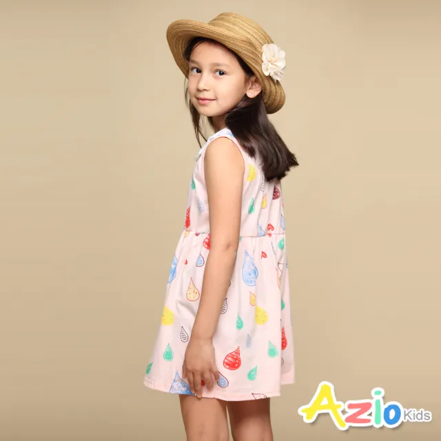 【Azio Kids 美國派】女童  洋裝 圓領彩色車線滿版彩色水滴塗鴉無袖洋裝(粉)