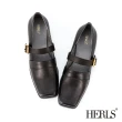 【HERLS】低跟鞋-復古全真皮橫帶鏤空方頭低跟鞋(黑色)