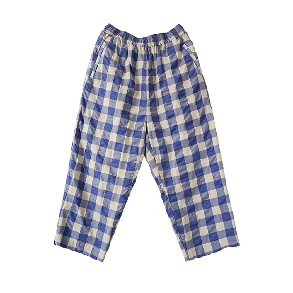 【設計所在】高端訂製料新疆棉凹凸泡泡麻藍格子寬鬆休閒褲 K210108(S-L可選)