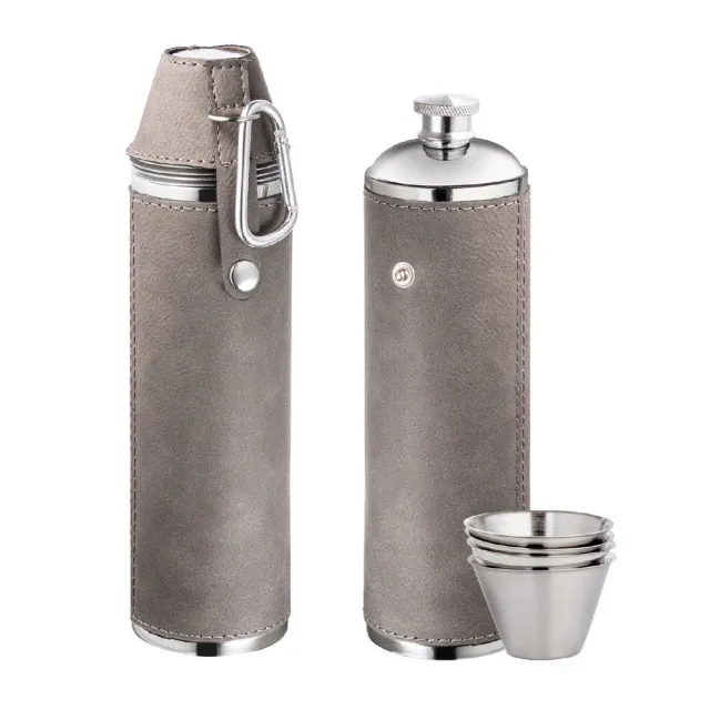 【REFLECTS】德國 酒杯4入+隨行酒壺 灰350ml / 隨身酒瓶 攜帶酒壺