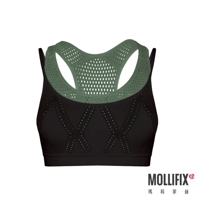 【Mollifix 瑪莉菲絲】A++雙層包覆運動BRA、瑜珈服、瑜珈服、無鋼圈、運動內衣(黑+綠)