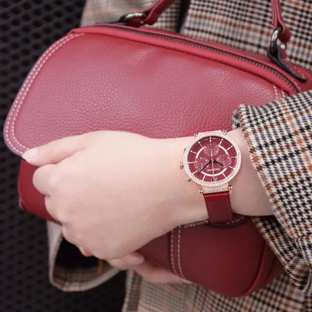 【SWAROVSKI 施華洛世奇】PASSAGE CHRONO 紅色典雅三眼計時皮革錶帶腕錶 手錶 女錶 情人節(5580345)