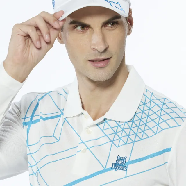 【Lynx Golf】男款吸濕排汗網眼材質線條設計山貓繡花長袖POLO衫/高爾夫球衫(白色)