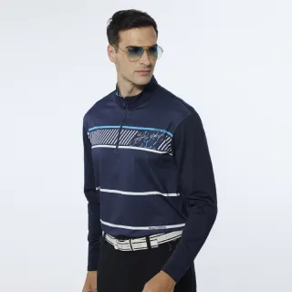 【Lynx Golf】男款吸濕排汗厚款極簡風線條印花長袖立領POLO衫/高爾夫球衫(深藍色)