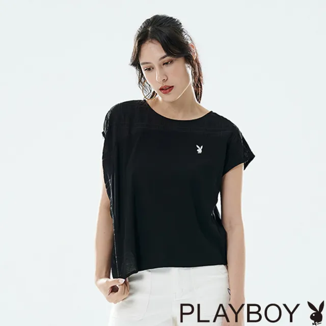 【PLAYBOY】異材質拼接解構上衣(黑色)