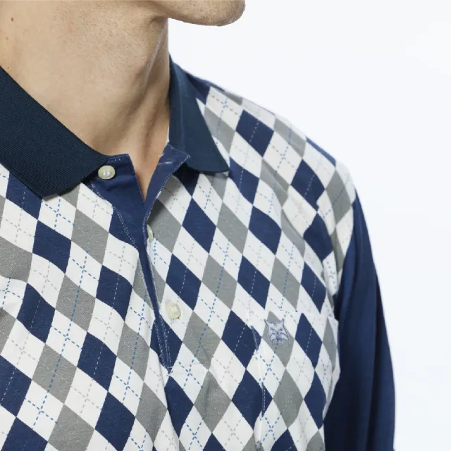 【Lynx Golf】男款純棉雙絲光英倫菱格紋路山貓LOGO胸袋款長袖POLO衫/高爾夫球衫(深藍色)