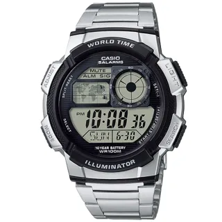 【CASIO 卡西歐】10年電力世界時間不鏽鋼帶計時錶(AE-1000WD-1A)