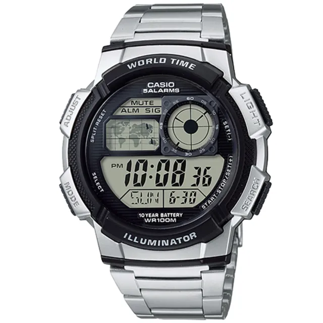 【CASIO 卡西歐】10年電力世界時間不鏽鋼帶計時錶(AE-1000WD-1A)