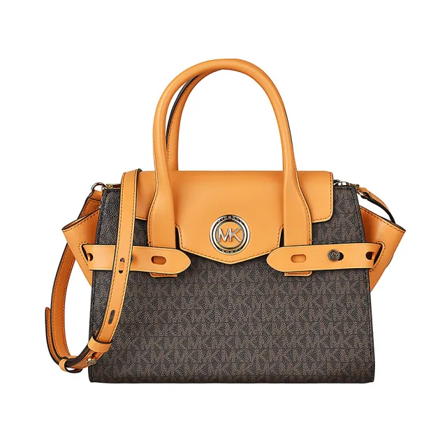 【Michael Kors】MICHAEL KORS CARMEN金字LOGO印花PVC拼接牛皮磁釦式手提斜背包(小/咖啡x蘋果酒橘)