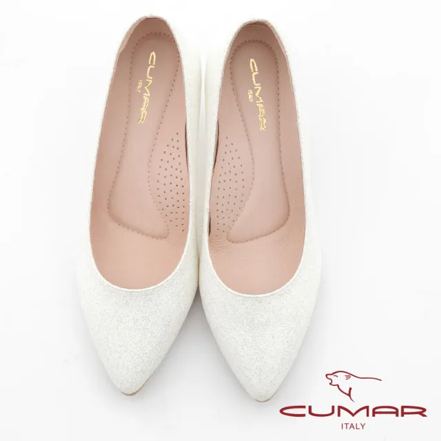 【CUMAR】尖頭閃耀花紋金屬裝飾高跟鞋(白銀)